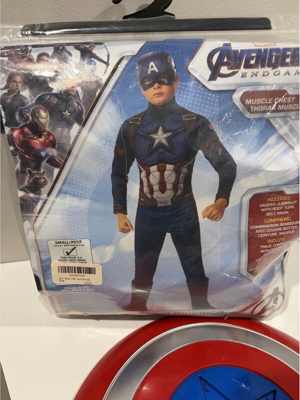 Captain America Kids Costume Small 3-4 Muscle Chest Jumpsuit Mask & Toy Shield